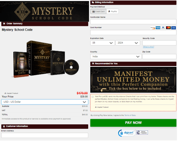 Mystery School Code Checkout Page