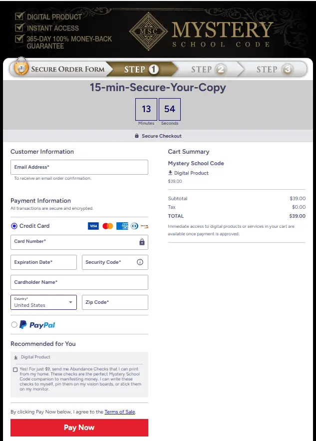 Mystery School Code Checkout Page